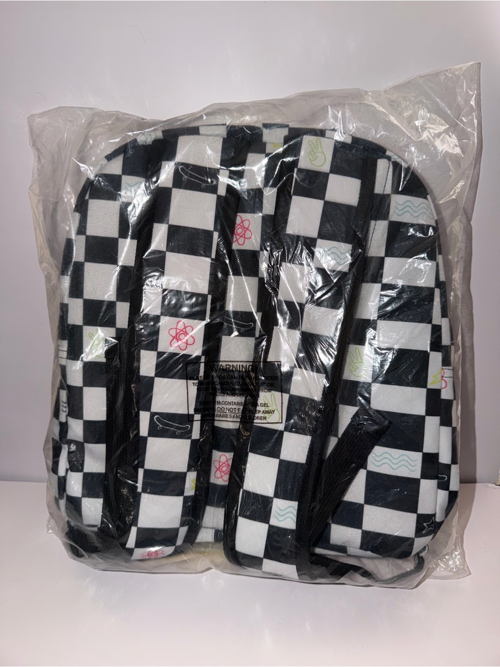 Checkerboard Pattern Backpack with Multicolor Icons - Picture 6 of 9
